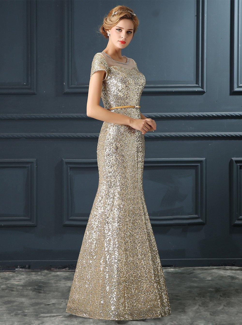 Stunning Jewel Short Sleeves Floor- Length Sequined Mermaid Prom Dress TP0114 - Tirdress