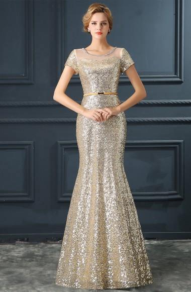 Stunning Jewel Short Sleeves Floor- Length Sequined Mermaid Prom Dress TP0114 - Tirdress