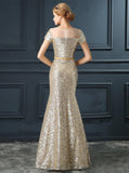 Stunning Jewel Short Sleeves Floor- Length Sequined Mermaid Prom Dress TP0114 - Tirdress