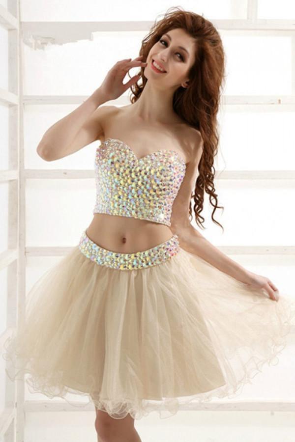 Superbe robe de soiree courte en tulle perle en deux pieces Tirdress