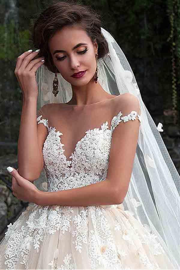 Stunning V-Neck Cap Sleeves Ball Gown Floor Length Wedding Dress TN0050 - Tirdress