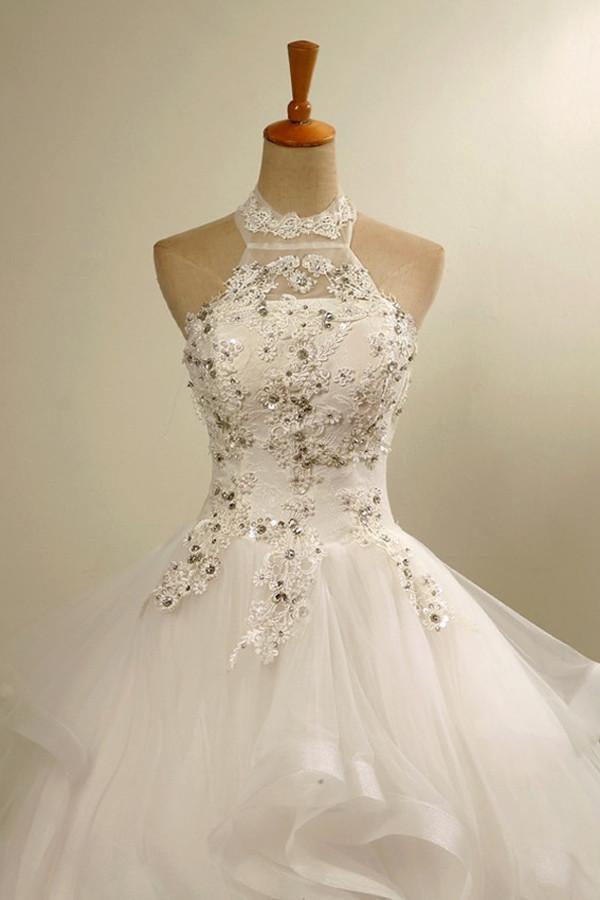 Stylish Halter Floor-Length Organza Wedding Dress With Appliques Beading TN0080 - Tirdress