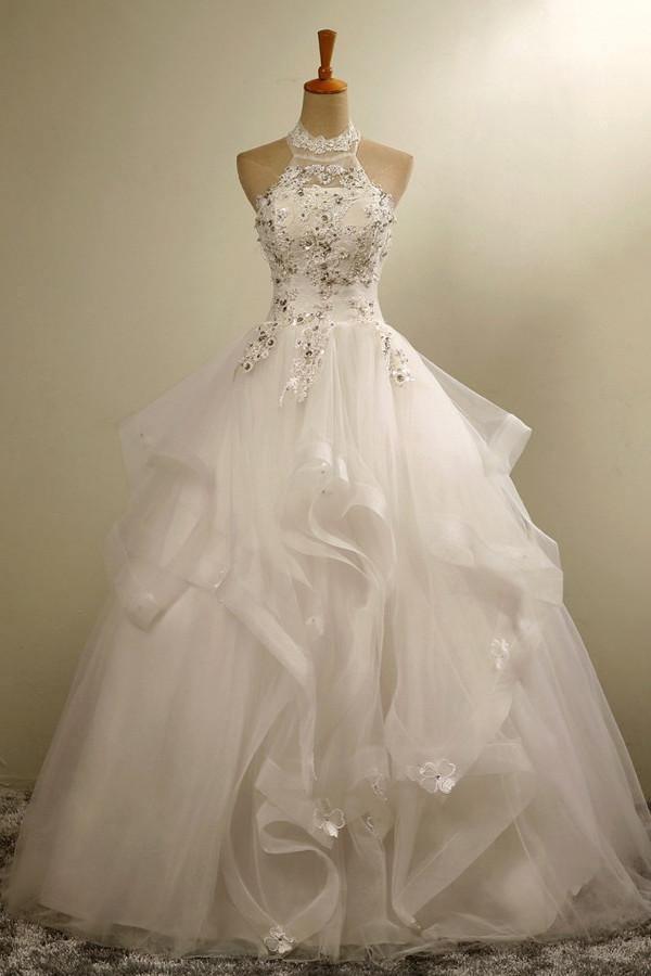 Stylish Halter Floor-Length Organza Wedding Dress With Appliques Beading TN0080 - Tirdress