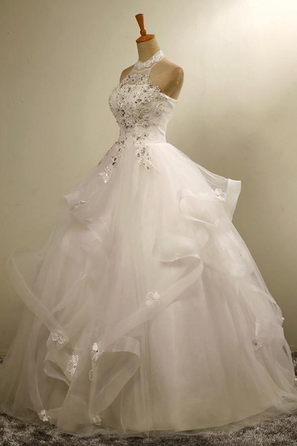 Stylish Halter Floor-Length Organza Wedding Dress With Appliques Beading TN0080 - Tirdress