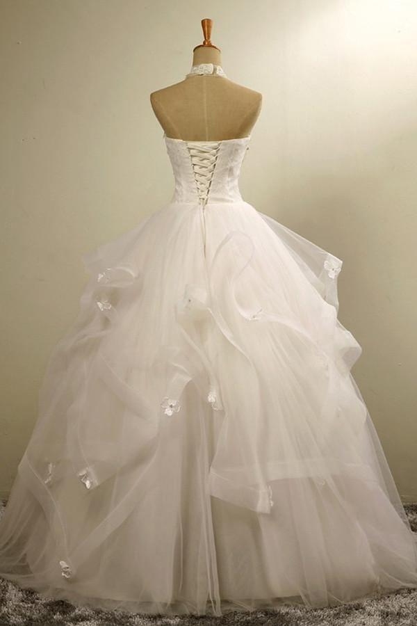 Stylish Halter Floor-Length Organza Wedding Dress With Appliques Beading TN0080 - Tirdress