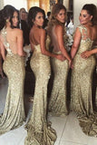 Sweep Train Split-Side Gold Sequined Bridesmaid Dress With Ruched TY0027 - Tirdress