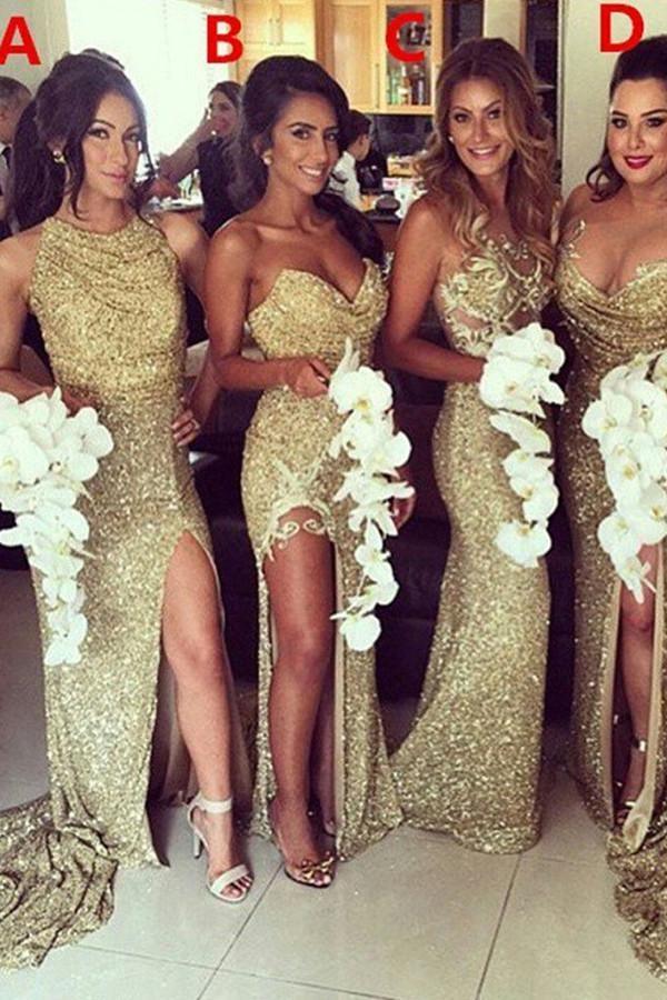Sweep Train Split-Side Gold Sequined Bridesmaid Dress With Ruched TY0027 - Tirdress
