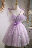 Süßes lila kurzes Partykleid in A-Linie, Heimkehrkleid mit Schleife HD0170