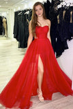 Sweetheart A-line Tulle Red Prom Dress Split Evening Dress TP1038 - Tirdress