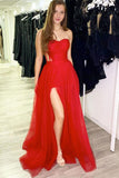 Sweetheart A-line Tulle Red Prom Dress Split Evening Dress TP1038