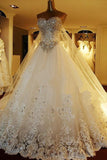 Herzförmiges Ballkleid-Hochzeitskleid mit Watteau-Schleppe und Perlenapplikationen WD022