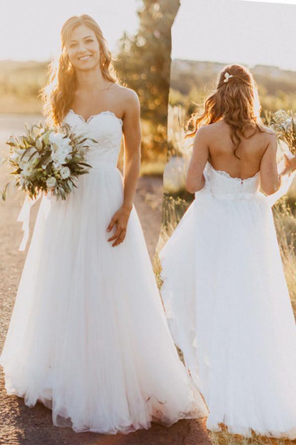 Sweetheart Floor-Length Ivory Wedding Dress with Lace WD059 - Tirdress