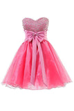Robe de soirée rose en dentelle à col en cœur et longueur genou TR0015 