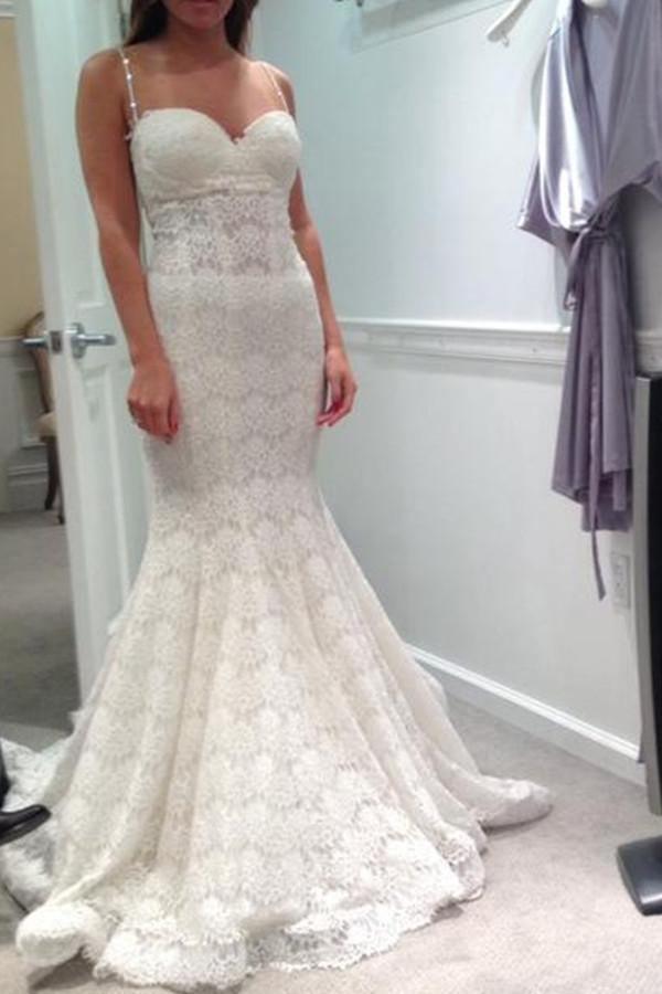 Sweetheart Lace Court Train Wedding Dress With Spaghetti Straps TN0053 - Tirdress