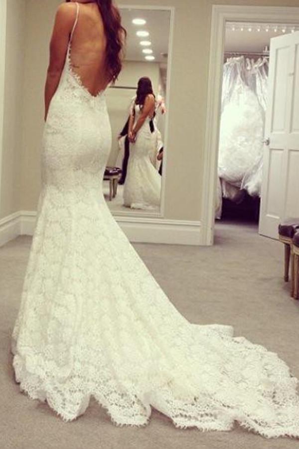 Sweetheart Lace Court Train Wedding Dress With Spaghetti Straps TN0053 - Tirdress