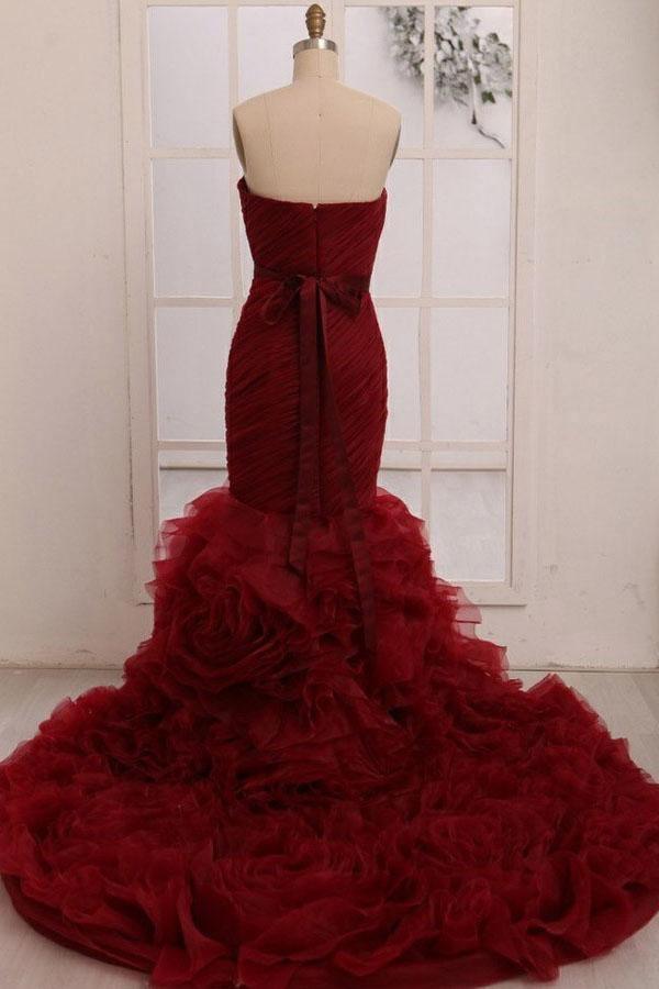 Sweetheart Mermaid Tiered Train Organza Wedding Dress with Sash WD161 - Tirdress
