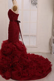Sweetheart Mermaid Tiered Train Organza Wedding Dress with Sash WD161 - Tirdress