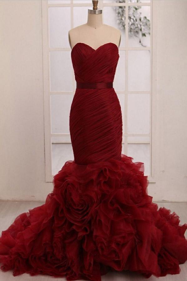 Sweetheart Mermaid Tiered Train Organza Wedding Dress with Sash WD161 - Tirdress