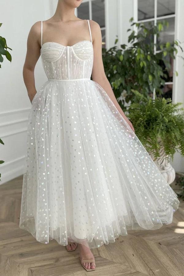 Sweetheart Neck Tulle Lvory Prom Dresses, Tea Length Evening Dresses TP1128 - Tirdress