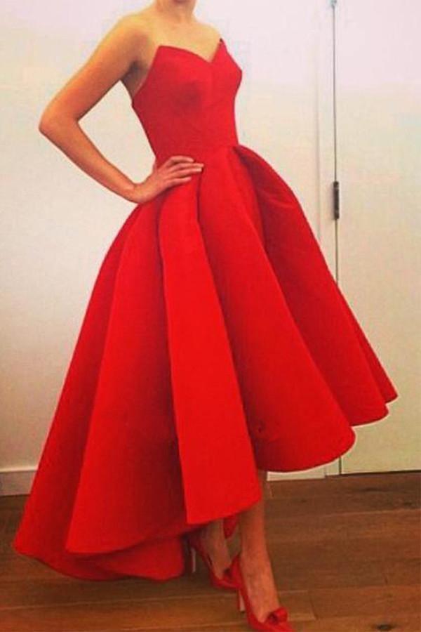 Sweetheart Strapless A-Line High Low Red Prom Dresses Evening