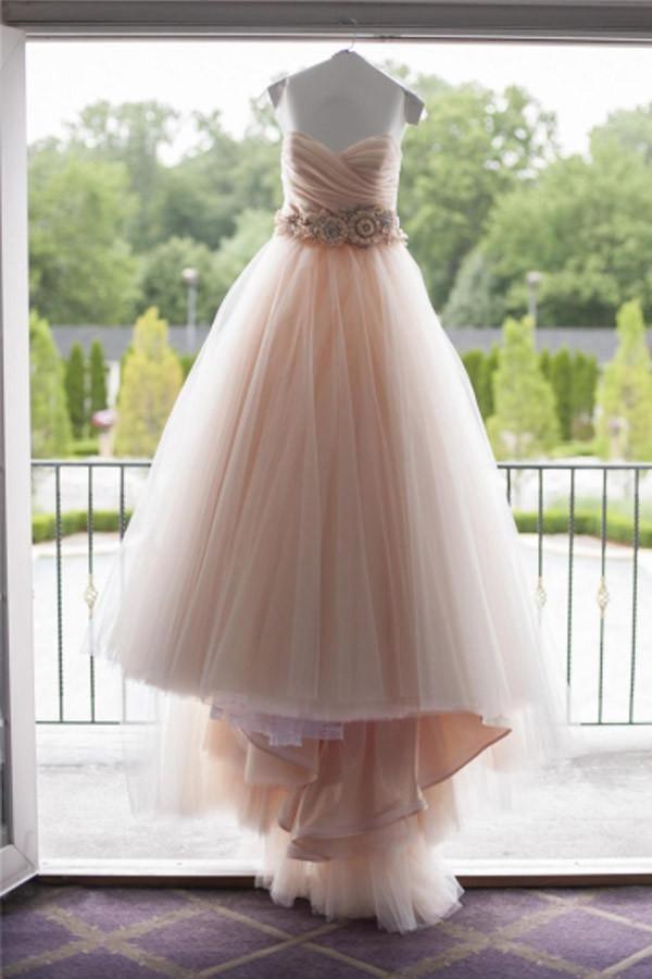 Sweetheart Strapless Flowers Beading Wedding Dress With Court Train WD092 - Tirdress