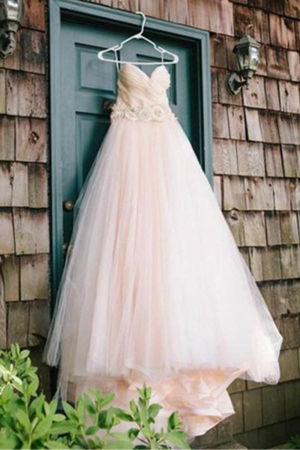 Sweetheart Strapless Flowers Beading Wedding Dress With Court Train WD092 - Tirdress