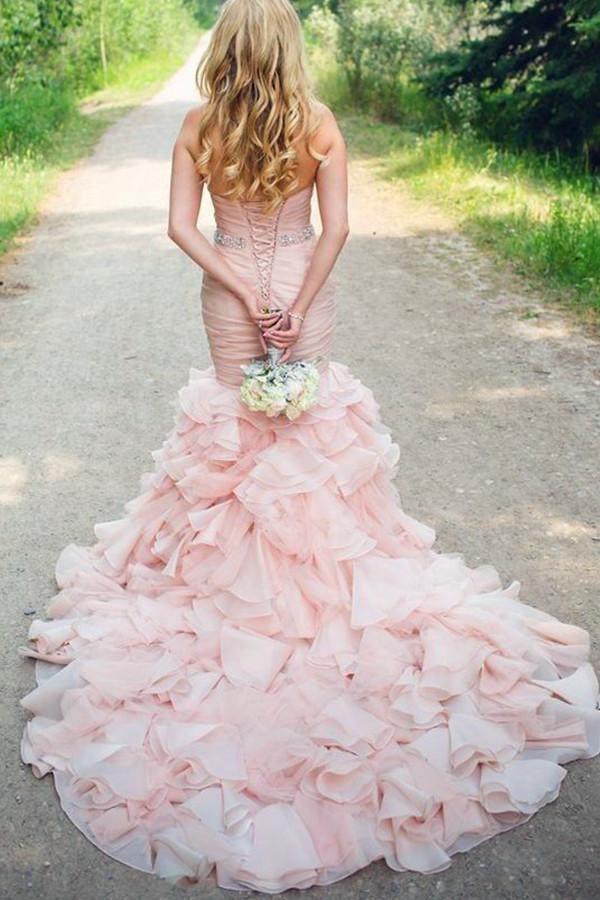 Sweetheart Tiered Train Organza Mermaid Wedding Dress With Beading TN0061 - Tirdress