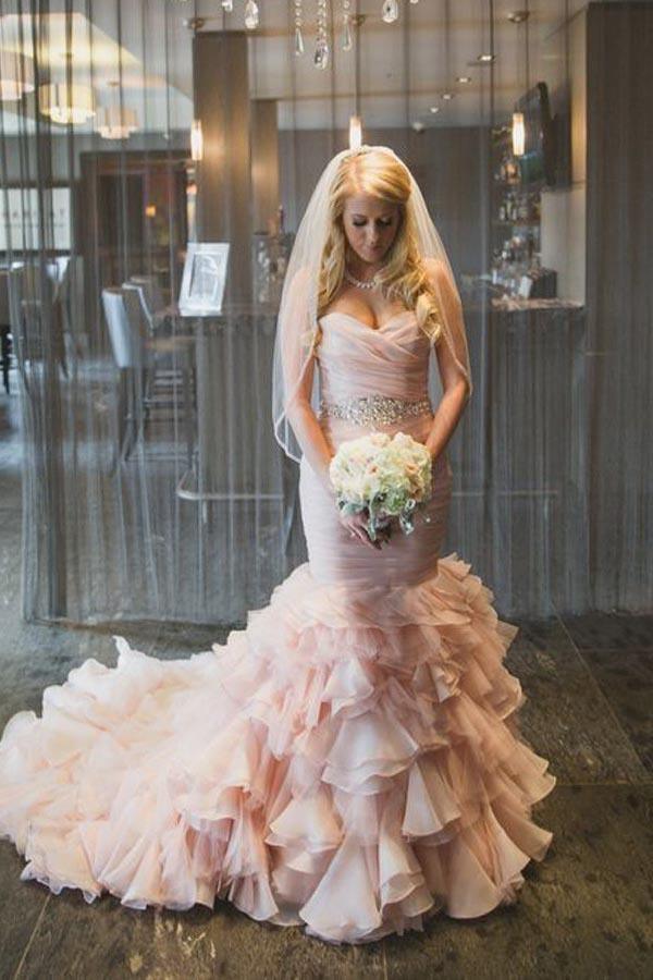 Sweetheart Tiered Train Organza Mermaid Wedding Dress with Beading WD160 - Tirdress