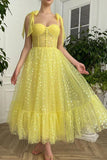 Sweetheart Yellow Neck Tulle Prom Dresses Tea Length Evening Dresses TP1129
