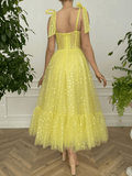 Sweetheart Yellow Neck Tulle Lvory Prom Dresses, Tea Length Evening Dresses TP1129 - Tirdress