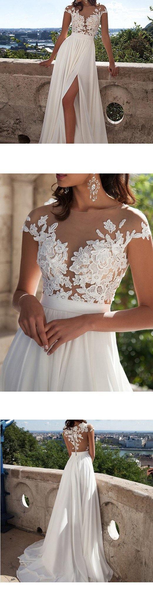 Top lace Appliques Side Slit Chiffon Cheap Party Evening Prom Dresses PG413 - Tirdress