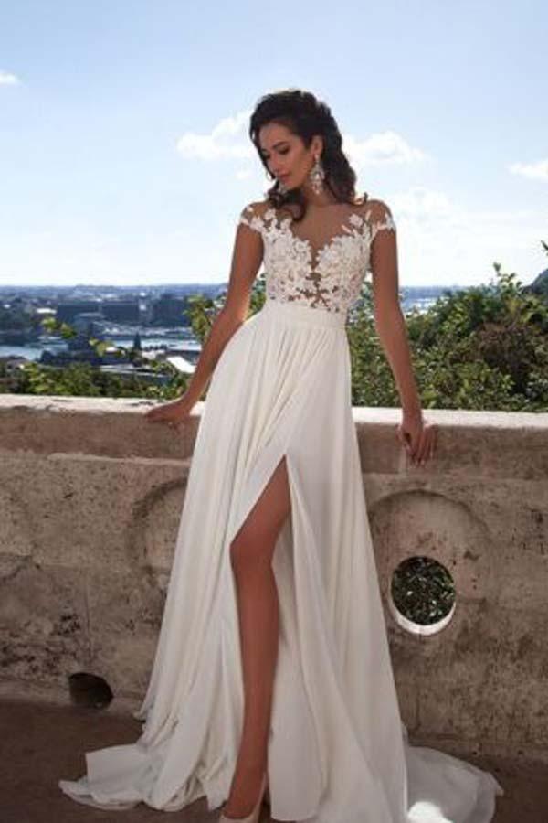 Top lace Appliques Side Slit Chiffon Cheap Party Evening Prom Dresses PG413 - Tirdress