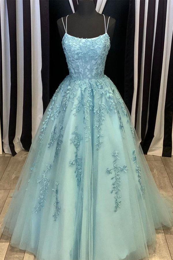 Tulle Lace Long Prom Dress Scoop Spaghetti Formal Evening Gowns TP0978 - Tirdress