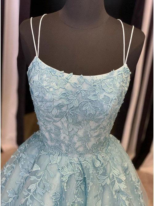 Tulle Lace Long Prom Dress Scoop Spaghetti Formal Evening Gowns TP0978 - Tirdress