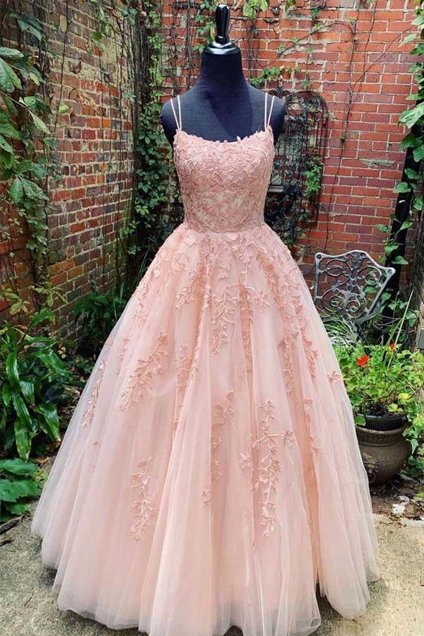 Tulle Lace Long Prom Dress Scoop Spaghetti Formal Evening Gowns TP0978 - Tirdress
