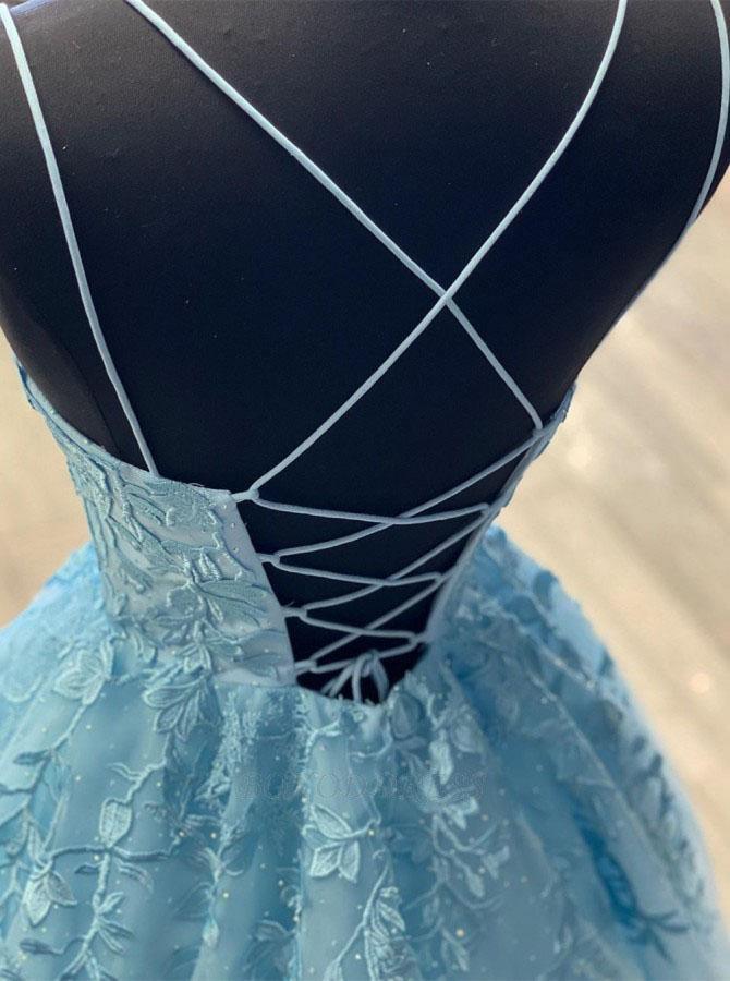 Tulle Lace Long Prom Dress Scoop Spaghetti Formal Evening Gowns TP0978 - Tirdress