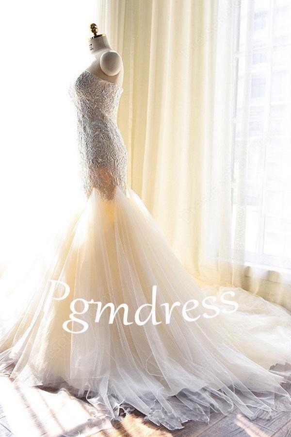 Tulle Mermaid Gorgeous Lace-Appliques Sweetheart Wedding Dress WD127 - Tirdress