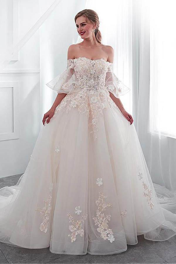 Tulle Off-the-shoulder Neckline A-line Wedding Dress With Lace Appliques WD300 - Tirdress