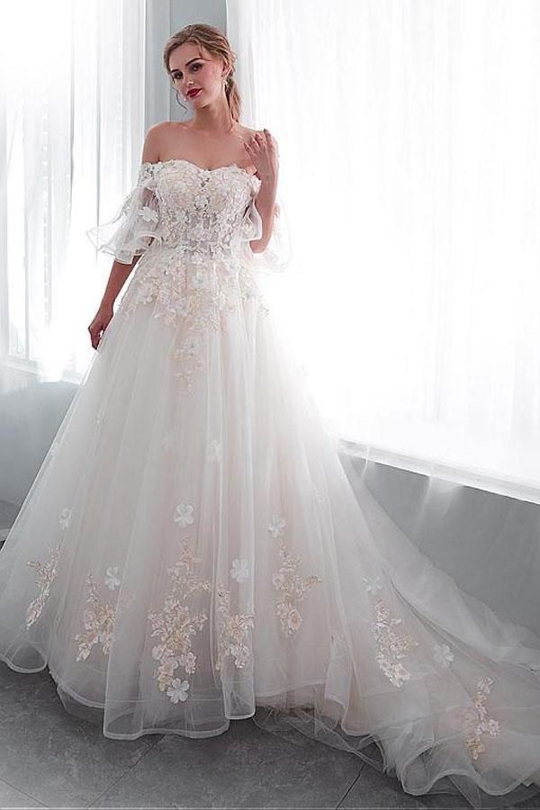 Tulle Off-the-shoulder Neckline A-line Wedding Dress With Appliques Tirdress Tulle Off-the-shoulder Neckline A-line Wedding Dress With Appliques Tirdress