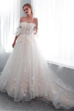Tulle Off-the-shoulder Neckline A-line Wedding Dress With Lace Appliques WD300