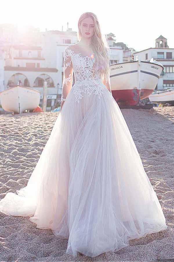 Tulle Scoop Neckline A-line Wedding Dress With Lace Appliques WD188 - Tirdress