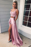 Two Piece A-Line Lace Prom Dresses Candy Pink Split Formal Dress TP1170