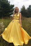 Two Piece Halter Neck Satin Long Prom Dress With Beading Pocket TP1175
