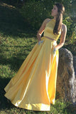 Two Piece Halter Neck Satin Long Prom Dress With Beading Pocket TP1175 - Tirdress