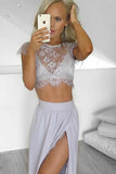 Two Piece Jewel Cap Sleeves Tea-Length High Grey Prom Dress TR0087