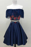 Two Piece Off the Shoulder Floral Satin Dark Blue Homecoming Dresses HD0006 - Tirdress