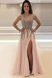 A-Line V-Neck Floor-Length Tulle Prom Dress With Beading TP0081