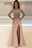 A-Line V-Neck Floor-Length Tulle Prom Dress With Beading TP0081 - Tirdress