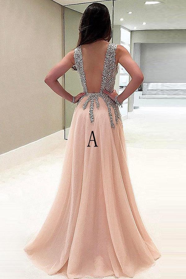 A-Line V-Neck Floor-Length Tulle Prom Dress With Beading TP0081 - Tirdress