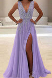 A-Line V-Neck Floor-Length Tulle Prom Dress With Beading TP0081 - Tirdress